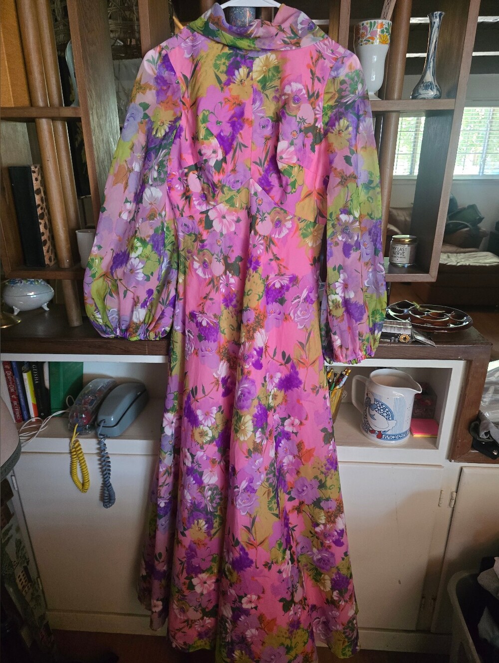 Vintage 60s 70s Floral Long Sleeve Pink Maxi Dress